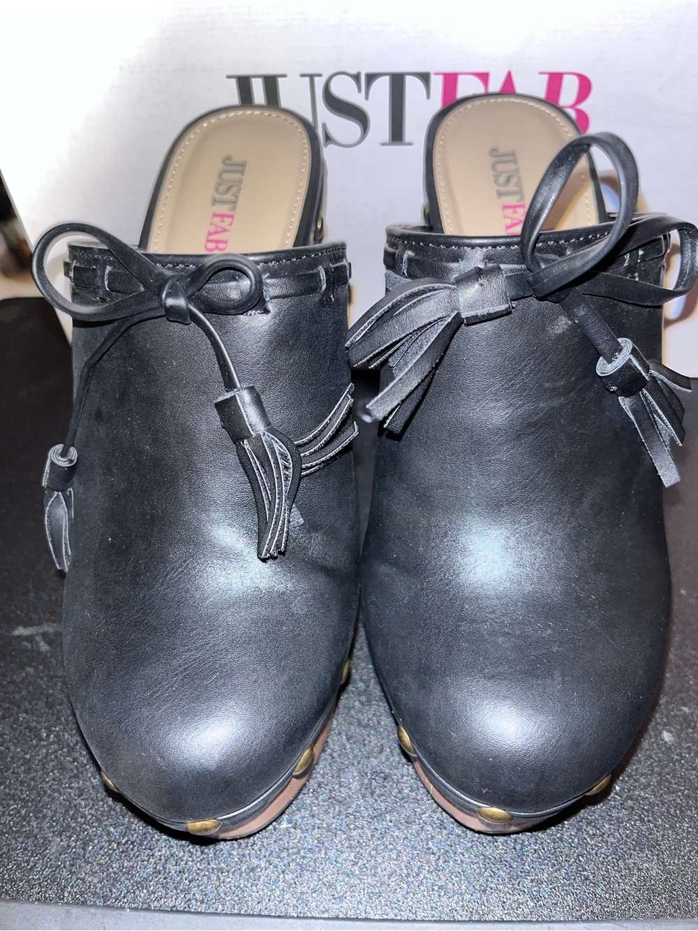 JustFab Black Faux Leather Clog Mules with Tassel Detail
